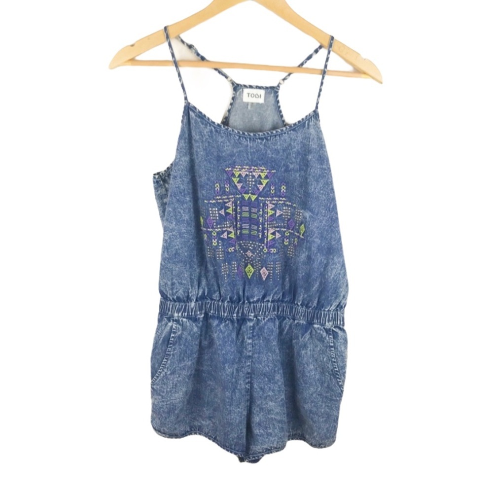 Tobi Denim Acid Wash Chambray Aztec Romper Medium